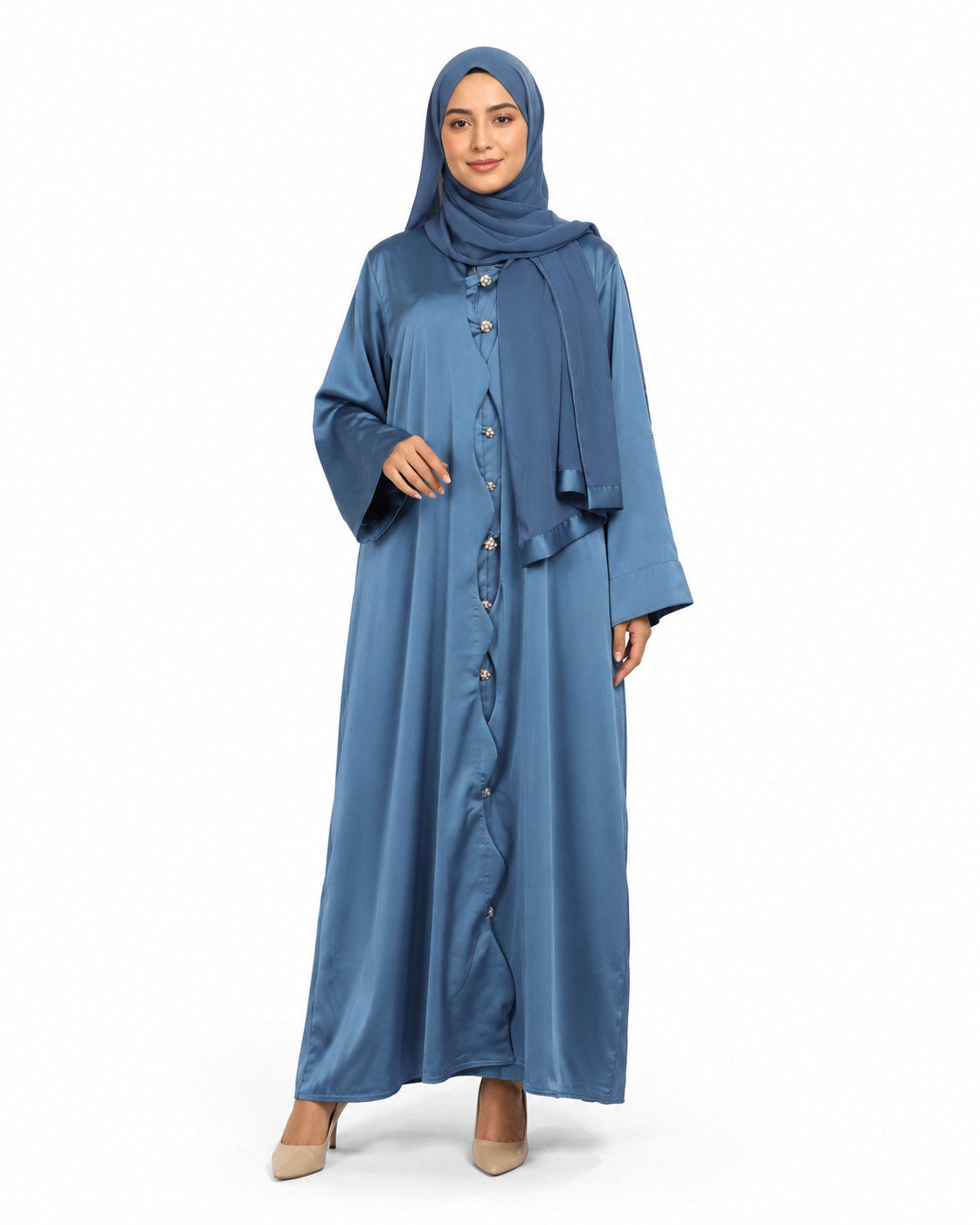 Steel Blue Satin Button Front Open Abaya